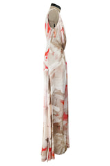 Beautiful 2010 Alexander McQueen Draped Silk Dress w Oversized Soft Floral Print & Deep Front Plunge