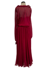 Gorgeous c1974 Halston Silk Chiffon Deep Red Dress w Inner Slip Dress & Full Sleeves