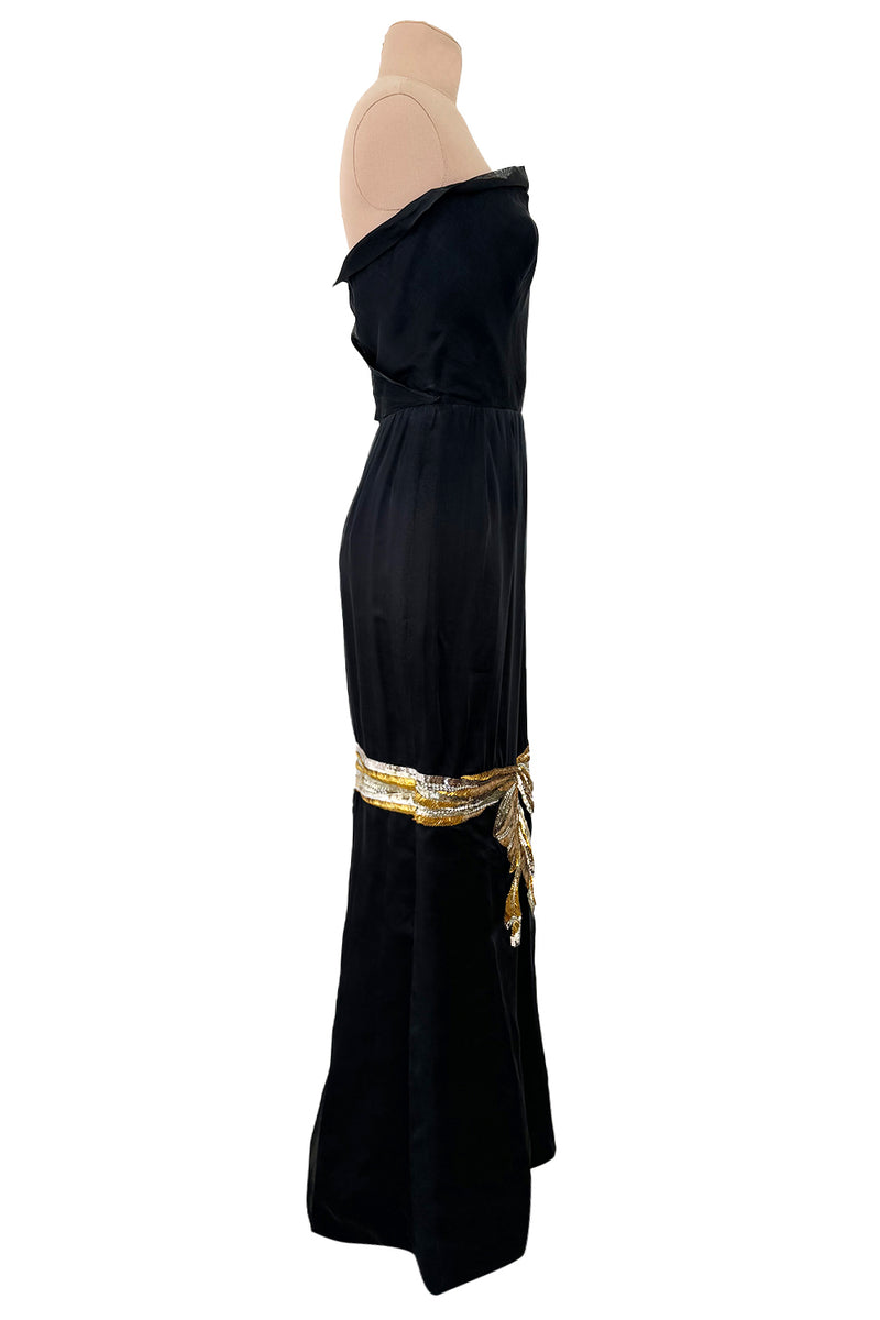 Spring 1979 Givenchy Haute Couture Runway Black Silk Chiffon Strapless Dress w Gold Sequin Bow Dress