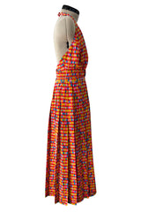 Chic 1990s Bill Blass Silk Multi Colour Print Halter Dress w Pleated Skirt & Belt