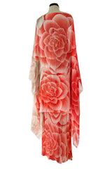 Beautiful Spring 1978 Hanae Mori Floral Print Silk Chiffon Dress & Cape Overlay