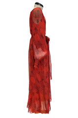 1970s Christian Dior by Marc Bohan Deep Coral Silk Chiffon Caftan Dress w Sash