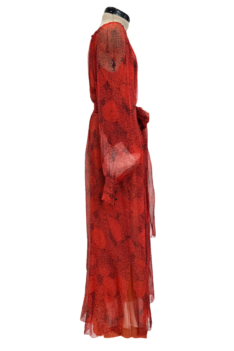 1970s Christian Dior by Marc Bohan Deep Coral Silk Chiffon Caftan Dress w Sash