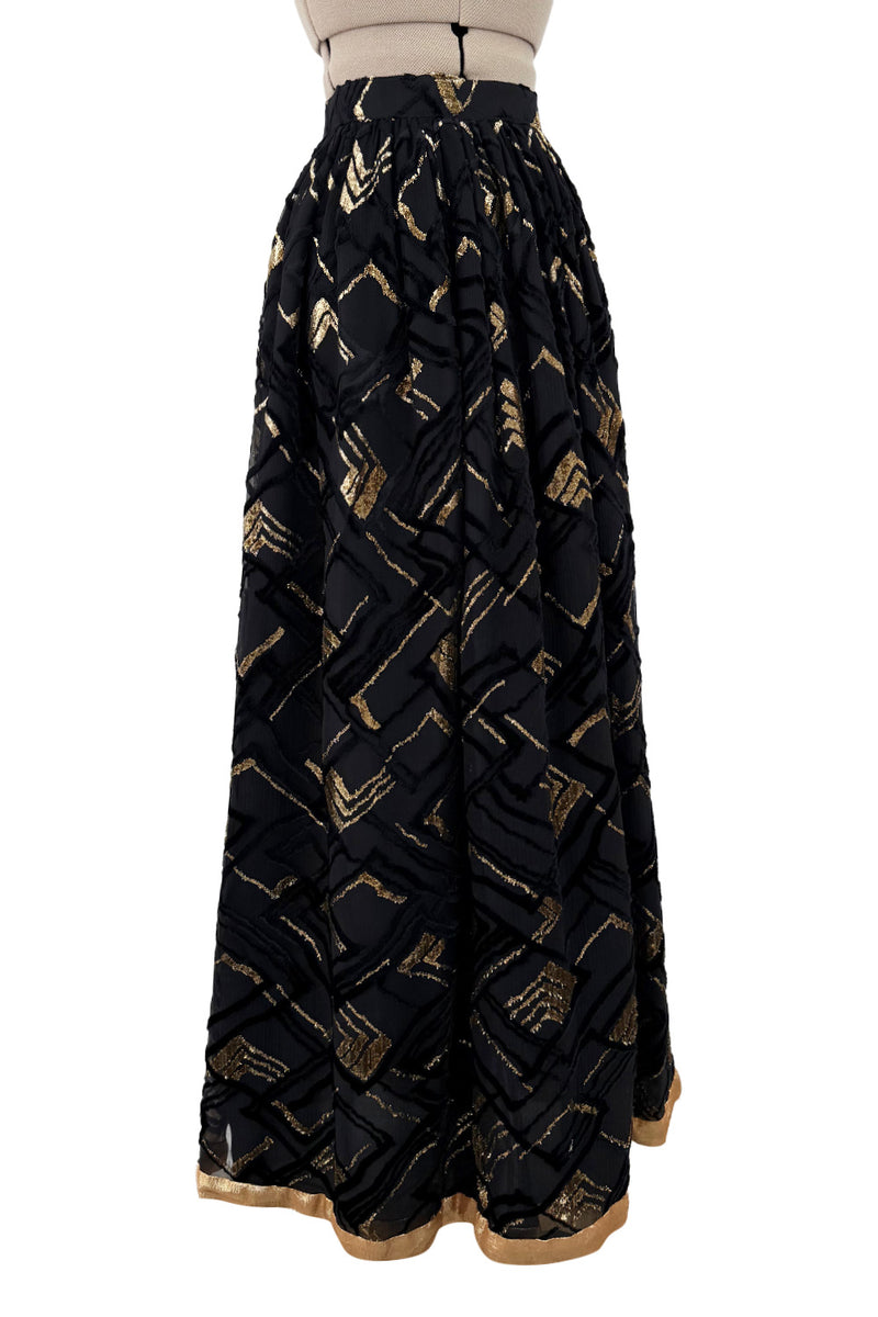 Fantastic 1970s Adolfo Black SIlk Chiffon Velvet & Gold Eyelash Detailed Skirt