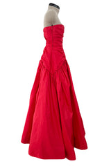 Late 1970s Unlabeled Strapless Red Silk Dress w Gathered Bodice & Full Skirt