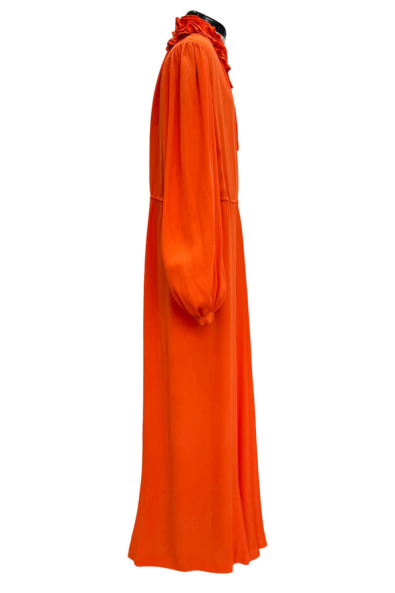 1970s James Galanos Couture Orange Silk Dress w Ruffle Neck & Balloon Sleeves