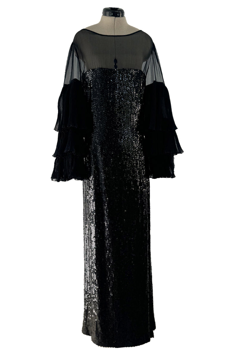 Killer 1980s Louis Feraud Black Sequin Dress w Amazing Tiered Silk Chiffon Sleeves