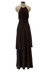 Fall 1975 Yves Saint Laurent Runway Brown Silk Jersey Backless Dress w Gold Leather Straps