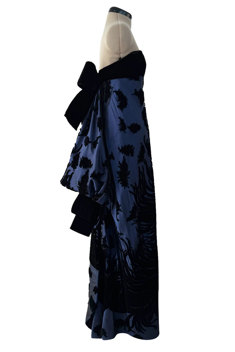 Incredible Fall 1987 Bill Blass Runway Deep Blue Silk & Black Velvet Dress w Back Bustles & Bows