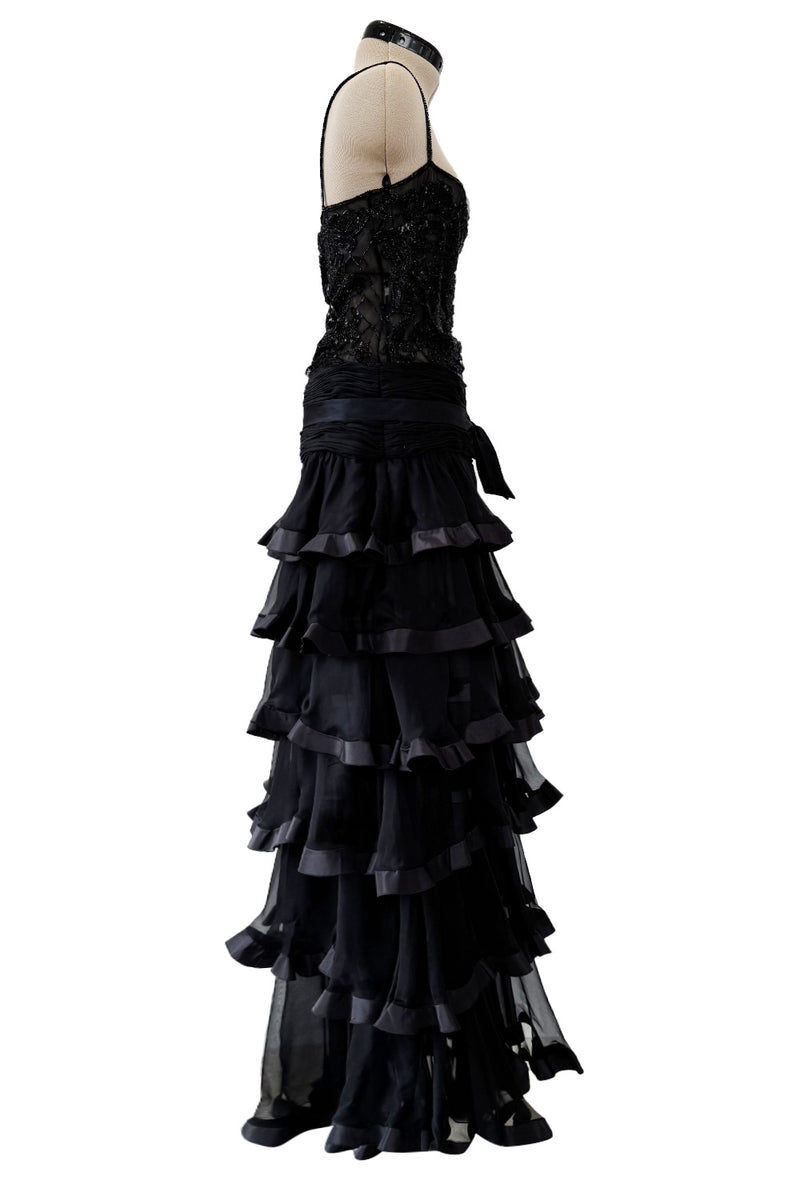 Exquisite Fall 2003 Valentino Beaded Floral Bodice Dress w Ruffled Silk Chiffon Skirting