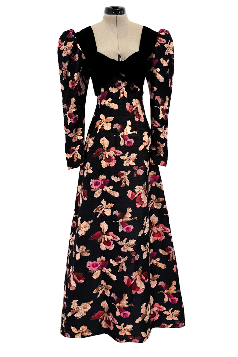 Stunning 1970s Givenchy Floral Silk Brocade Dress w Velvet Bodice & Bow