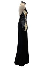 c.1973 Loris Azzaro Backless Black Jersey Dress w Gold & Black Sequin Flame Halter Top