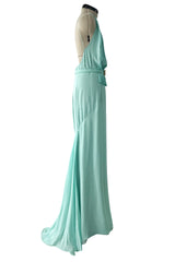 Stunning 2000s Valentino Roma Turquoise Silk Chiffon Dress W Front Slit & Open Back