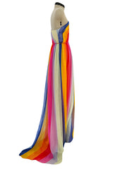 Resort 2019 Carolina Herrera by Wes Gordon Look 7 One Shoulder Rainbow Stripe Silk Chiffon Dress