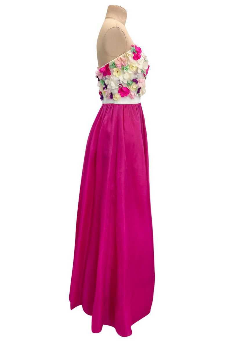 Dreamy 1982 Givenchy Strapless Silk Dress w Floral Appliques & Brilliant Full Pink Skirt