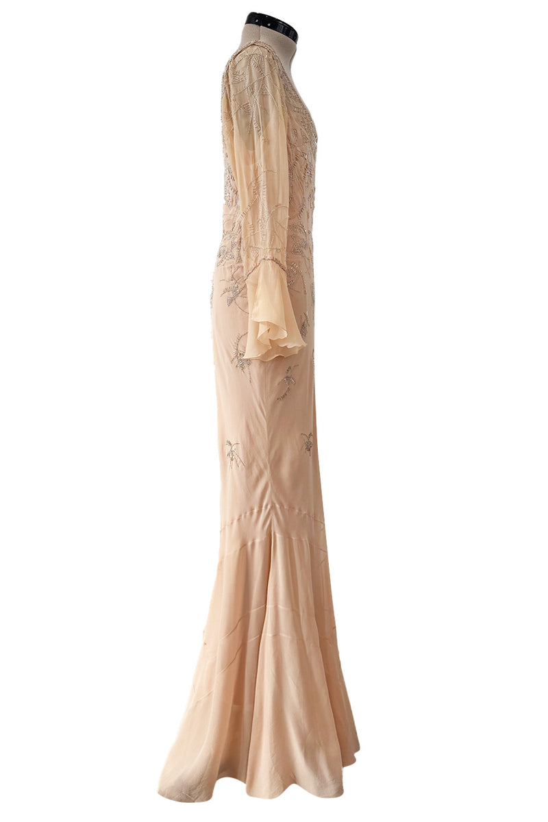 2000s Christian Dior by John Galliano Peach Silk Chiffon & Silver Beaded Bias Cut Dress