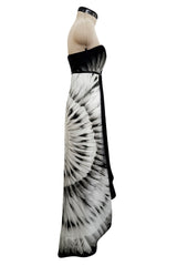 Fabulous 2007 Alexander McQueen Strapless Silk Black & Grey Tone Feather Print Dress