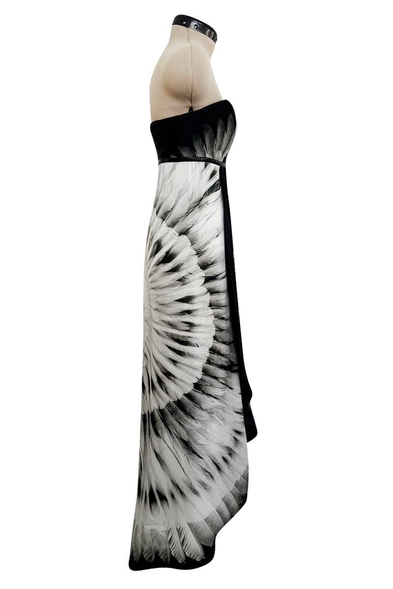 Fabulous 2007 Alexander McQueen Strapless Silk Black & Grey Tone Feather Print Dress