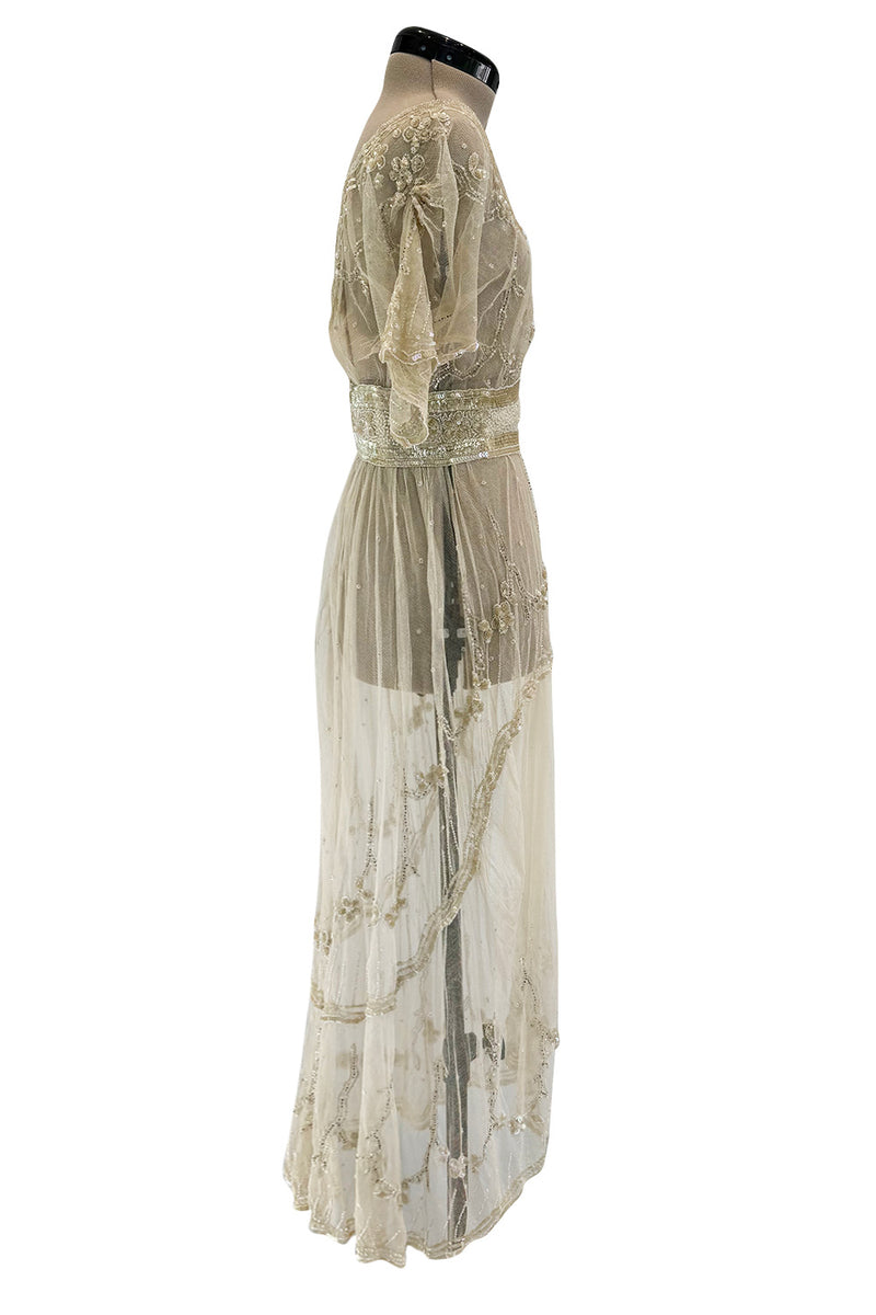 Beautiful 1910 Unlabeled Heirloom Ivory Net Wedding Dress w Elaborate Sequin & Bead Work