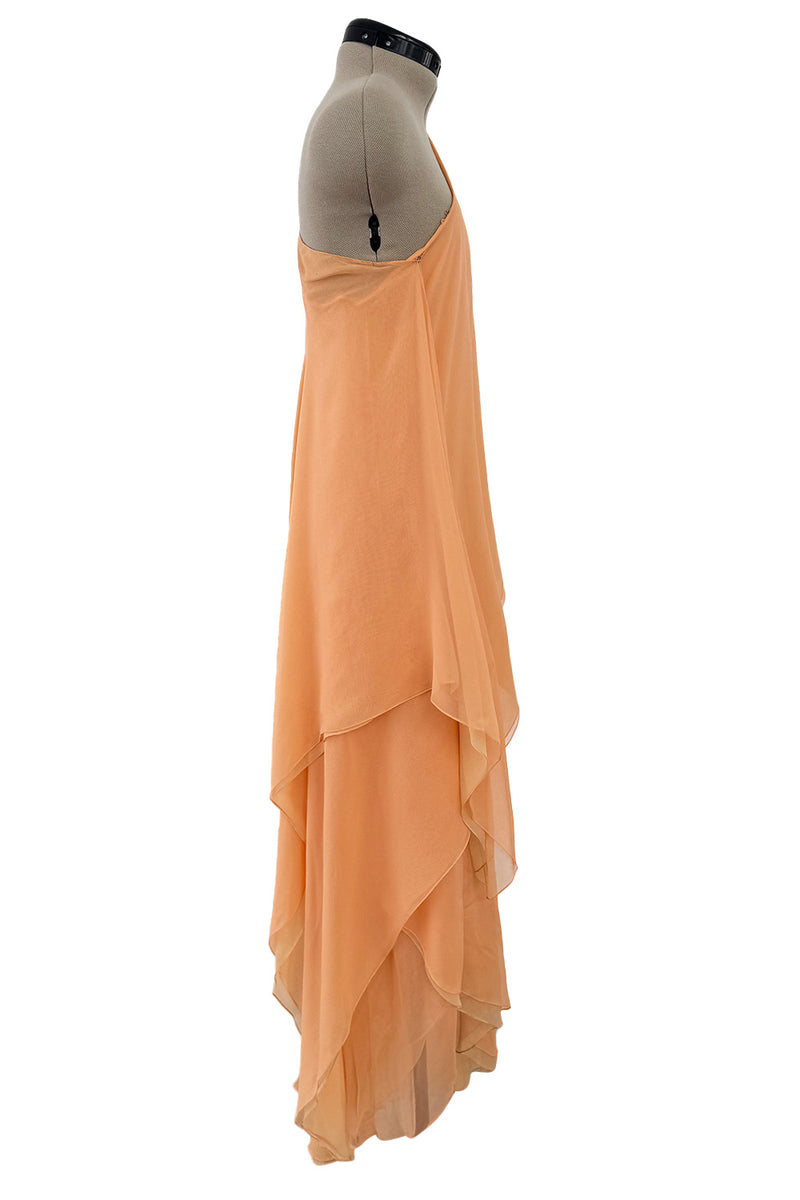 c. Resort 1976 Halston Couture Pastel Peach Silk Chiffon One Shoulder Spiral Dress