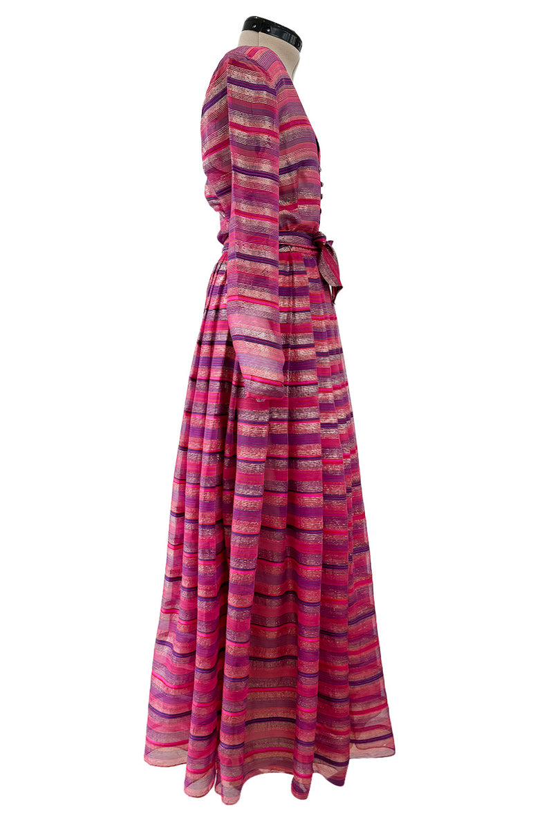 Prettiest 1980s Hanae Mori Pink Striped Silk Chiffon Dress w Metallic Gold Thread