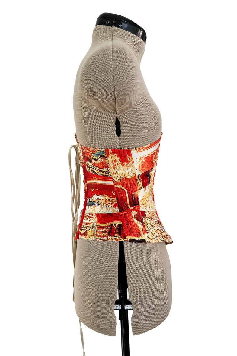 Amazing Spring 2003 Roberto Cavalli Printed Silk Lace Up Corset with Metal Stays & Hook Front