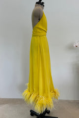 Oscar de la Renta 1970s Yellow Chiffon & Feather Dress