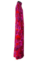 1972 La Mendola 'Paridiso' Peacock Feather Print Deep Pink Silk Jersey Dress