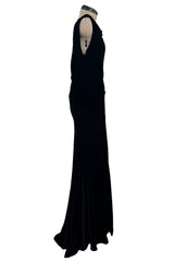 Unlabeled 1940s Black Bias Cut Silk Velvet Dress w Low Plunging Back