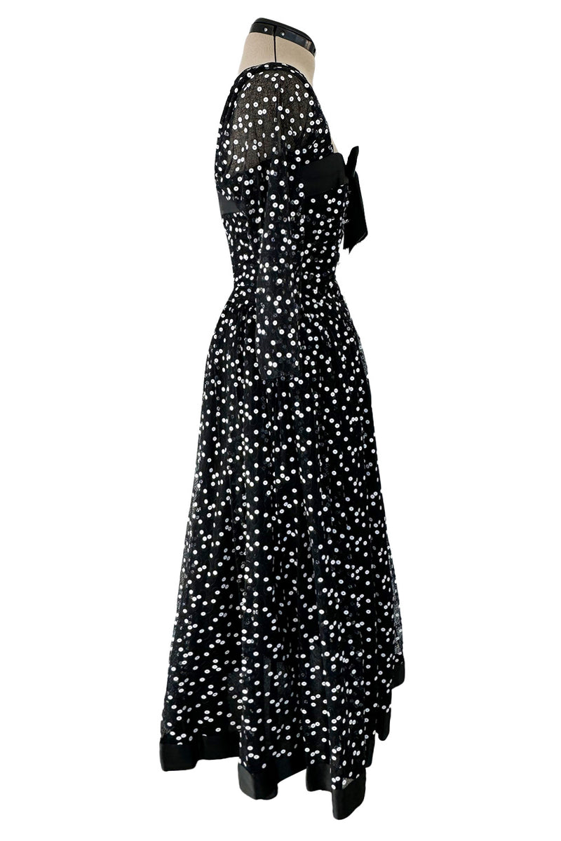 Prettiest Fall 1979 Christian Dior by Marc Bohan Black Silk Lace Net Dress w White  Sequins & Bows