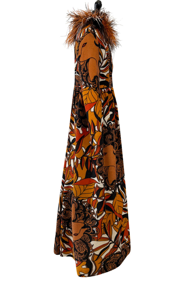 Early 1970s Bill Blass Couture Hand Beaded Lion Print Dress w Elaborate Feather Collar