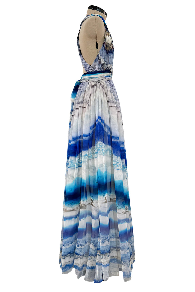 Amazing 2009-2010 Alexander McQueen Silk Chiffon Blue Agate Print Dress w Plunge Front & Open Back