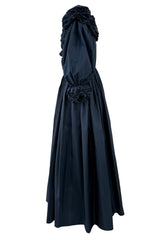 1970s Bill Blass Deep Blue Open Black Dress w Spectacular Silk Flower Detailing