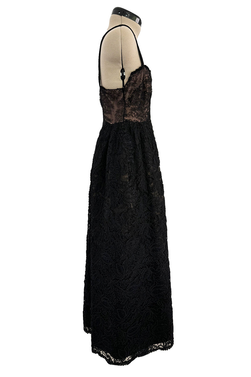 Prettiest 1960s James Galanos Couture Black French Lace & Silk Cord Dress