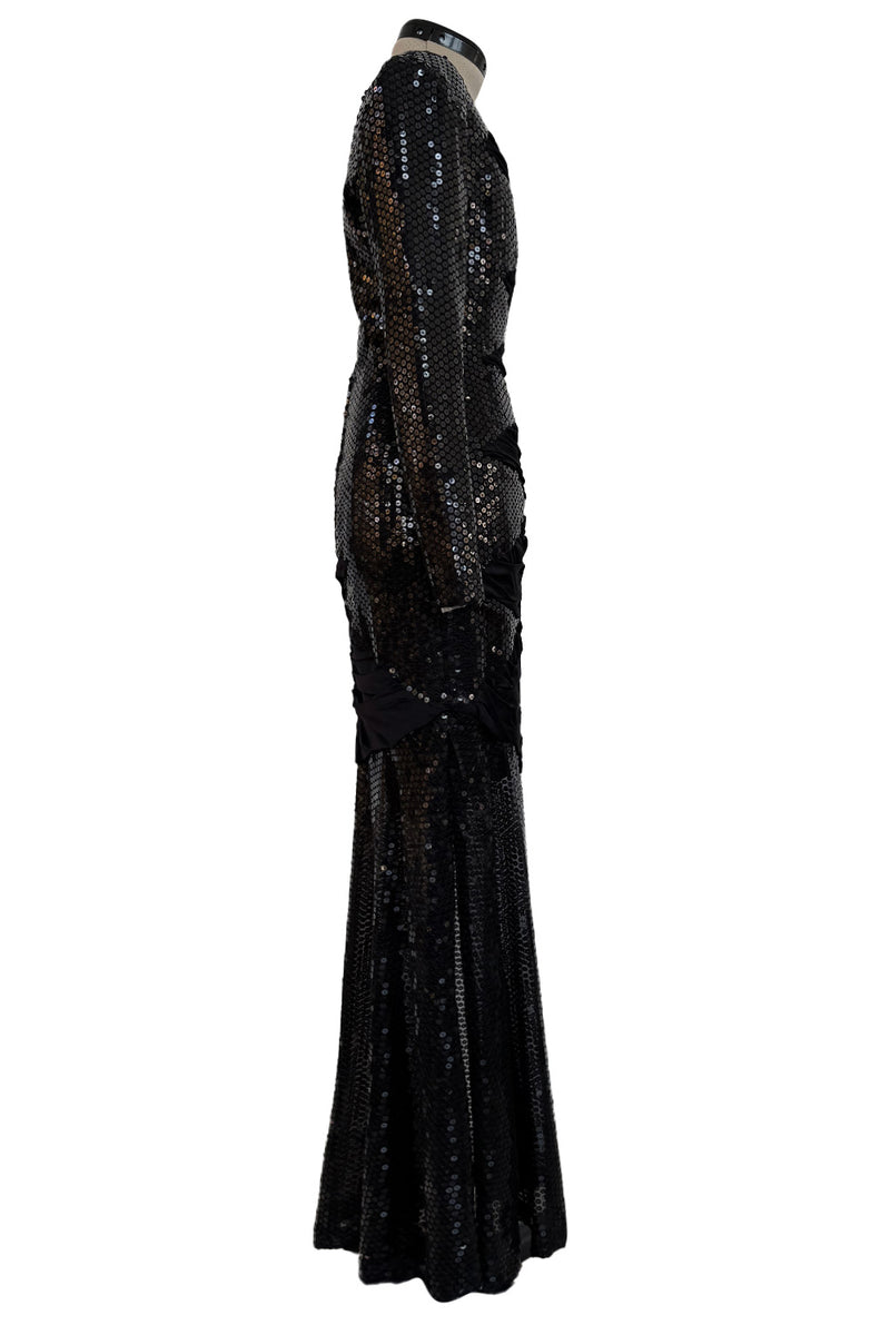 Amazing 1970s Loris Azzaro Black Sequin & Jersey Inset Dress w Low V Back