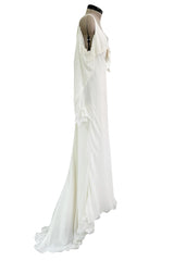 Prettiest 2000s Blumarine Sposa Ivory Chiffon Wedding Dress w Attached Sleeves & Open Shoulder