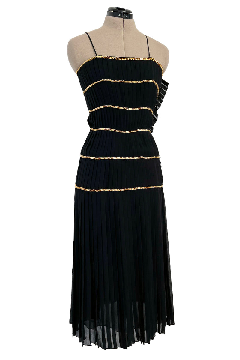 Incredible Spring 1988 Chanel by Karl Lagerfeld Runway Black Pleated Silk Chiffon Dress w Chain Detailing