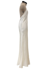 1990s Gianni Versace Ivory Bias Cut Silk Lace Slip w Embroidered Edge Cut Outs