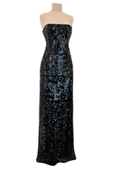 Incredible 1980s Bob Mackie Strapless Black Sequin Dress w Slight Train