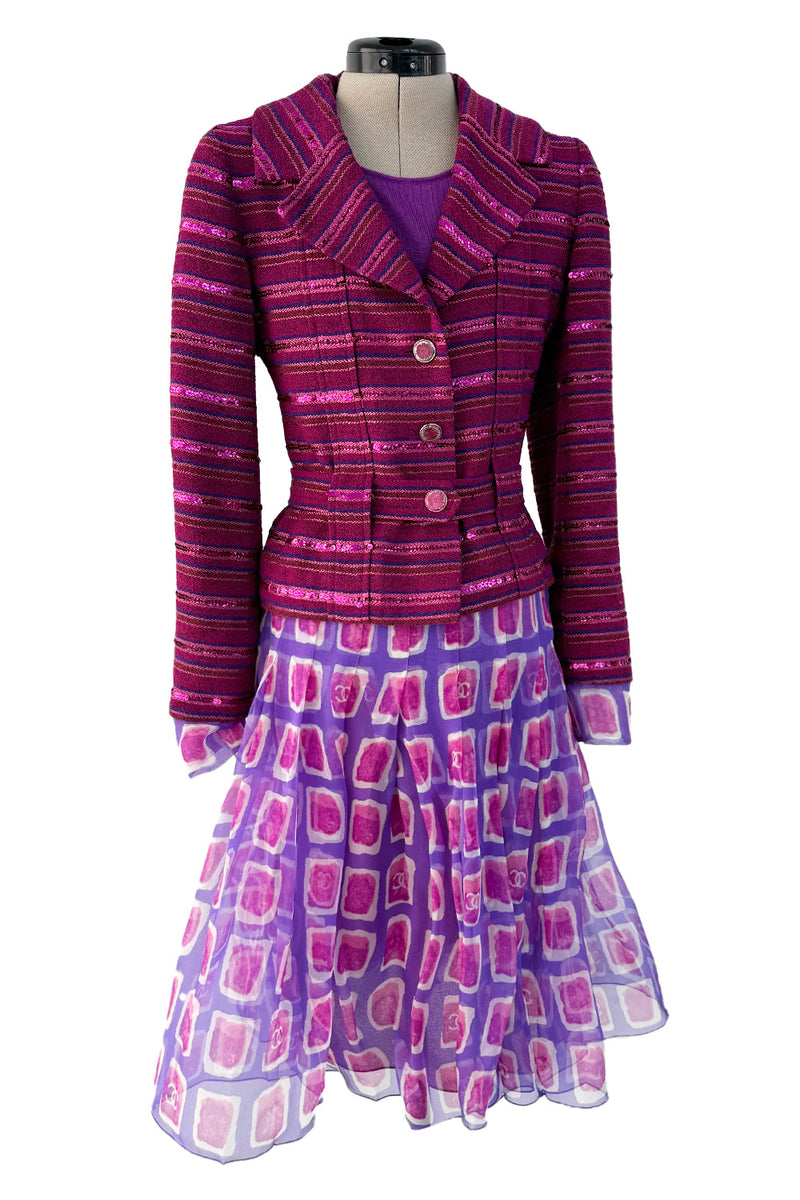 Spring 2001 Chanel Tweed Jacket & Silk Skirt Set w Fall 1999 Cashmere Shell