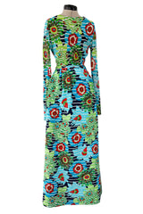 Prettiest c1972 Lanvin by Jules-Francois Crahay Printed Silk Jersey & Waffle Weave Low Back Dress