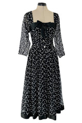 Prettiest Fall 1979 Christian Dior by Marc Bohan Black Silk Lace Net Dress w White  Sequins & Bows