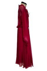 Gorgeous c1974 Halston Silk Chiffon Deep Red Dress w Inner Slip Dress & Full Sleeves