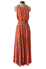 Chic 1990s Bill Blass Silk Multi Colour Print Halter Dress w Pleated Skirt & Belt