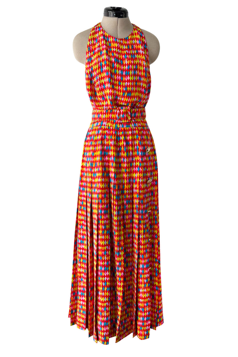 Chic 1990s Bill Blass Silk Multi Colour Print Halter Dress w Pleated Skirt & Belt