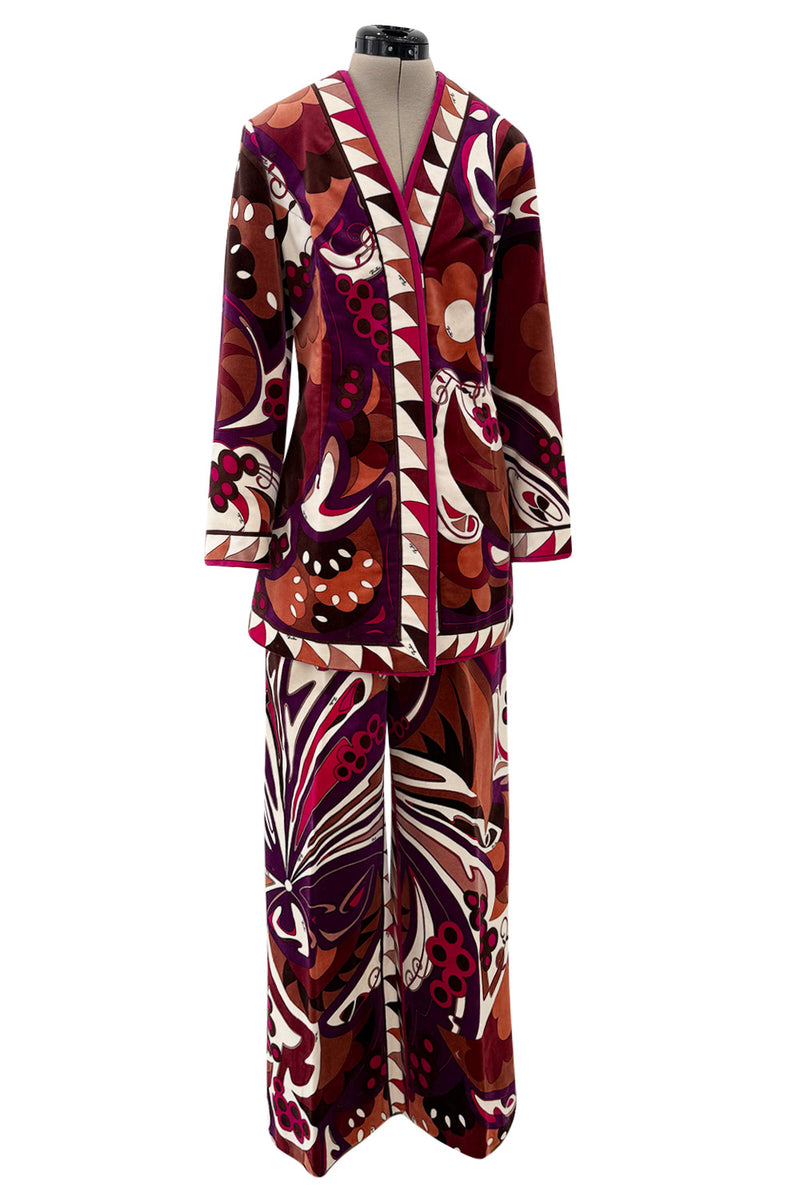 1960s Emilio Pucci Velvet Pink Purple & Brown Print Jacket & Flare Pant Suit Set