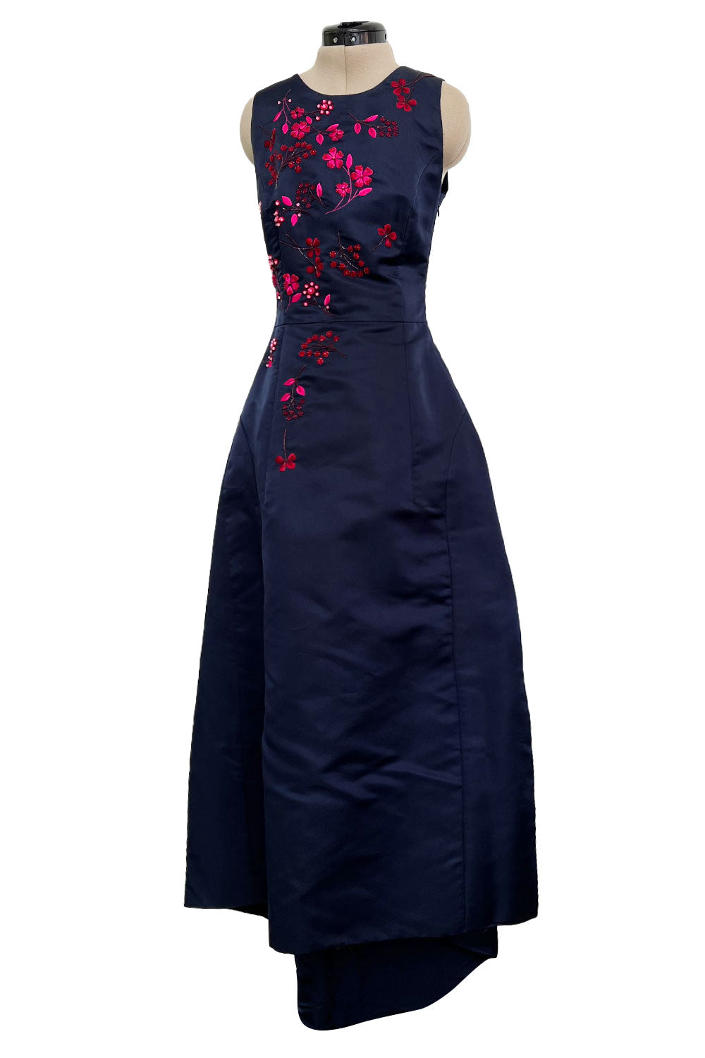 c2014 Christian Dior by Raf Simons Blue Silk Faille Dress w Pink Floral  Embroidery & Beads