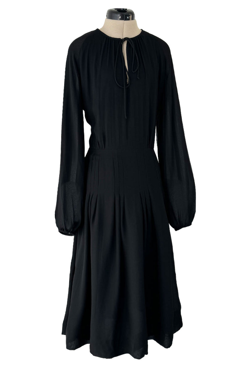 Classic 1970s Michael Novarese Black Silk Chiffon Dress w Balloon Sleeves & Pleating Details