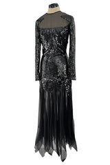 1973 Loris Azzaro Couture Black Sequin & Silk Chiffon Insets Dress w Pointed Hem