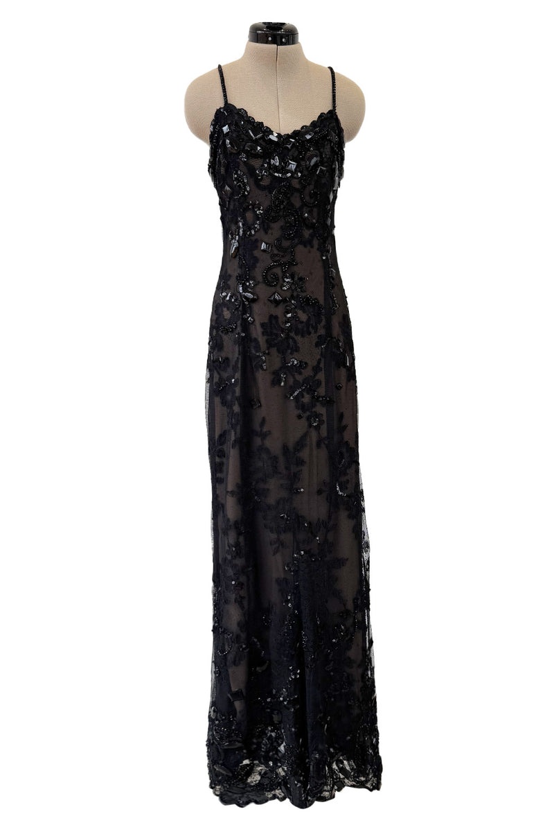 1970s Christian Dior by Marc Bohan Demi-Couture Elaborately Beaded Black Lace Net Dress